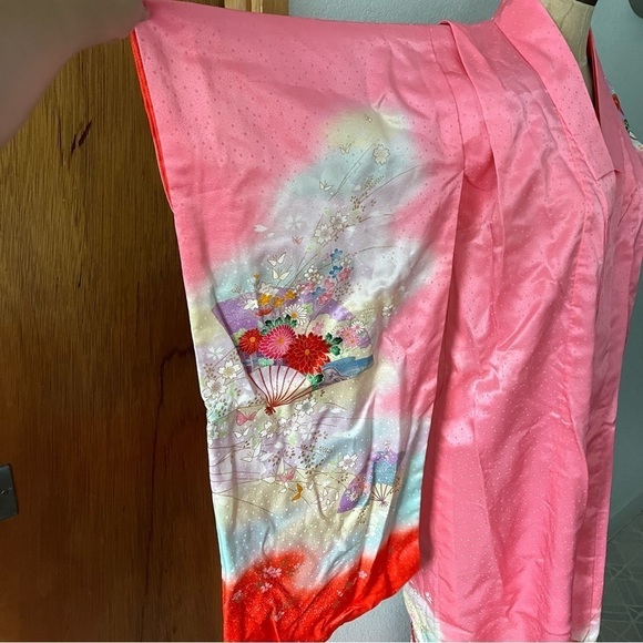 VINTAGE Girl's Pink Kimono Butterflies Flowers Ombre w/ Orange Tie - Picture 14 of 16